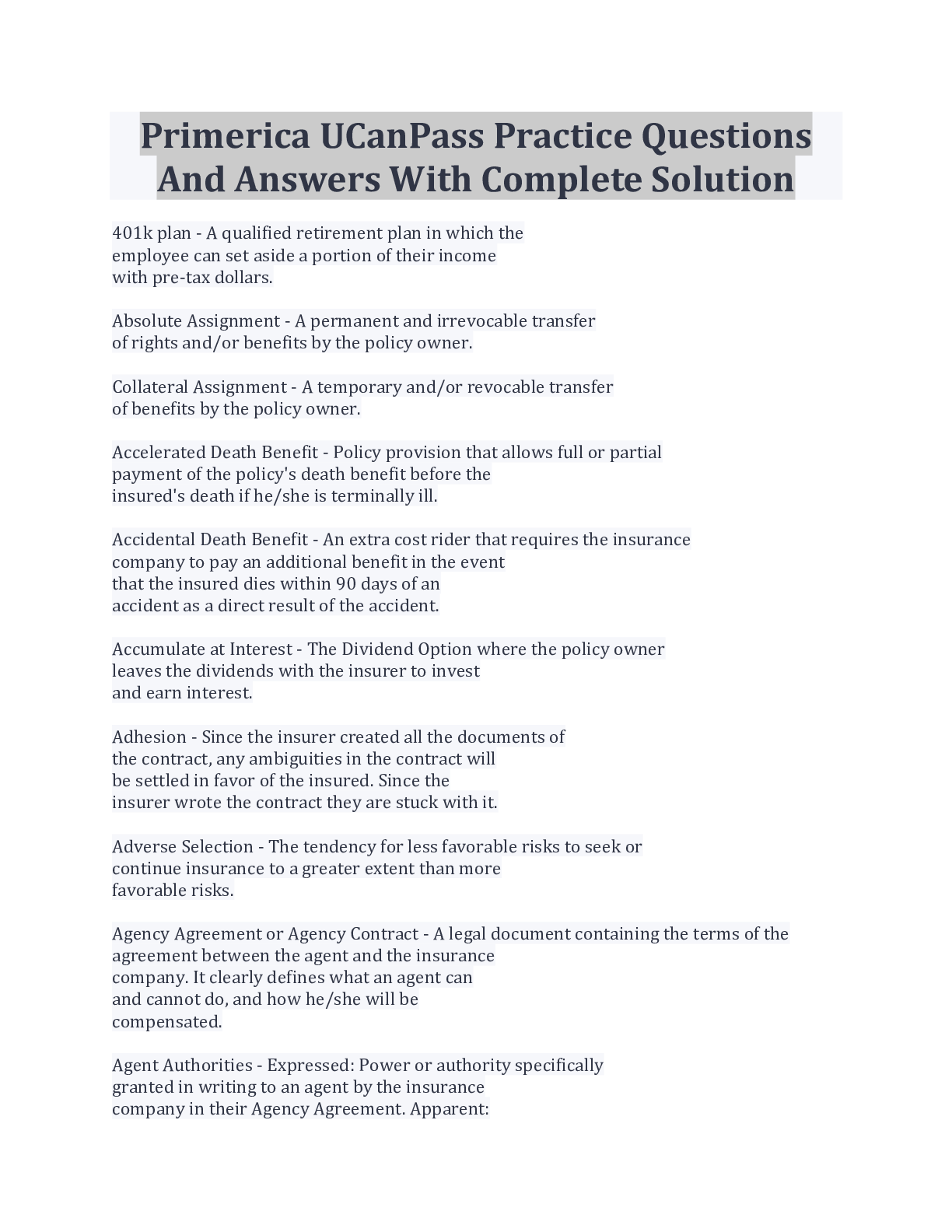 Primerica UCanPass Practice Questions And Answers With Complete